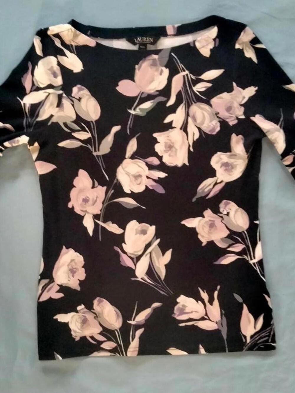 Lauren Ralph Lauren Floral Shirt Womens Size PM Petite Medium Black Tag